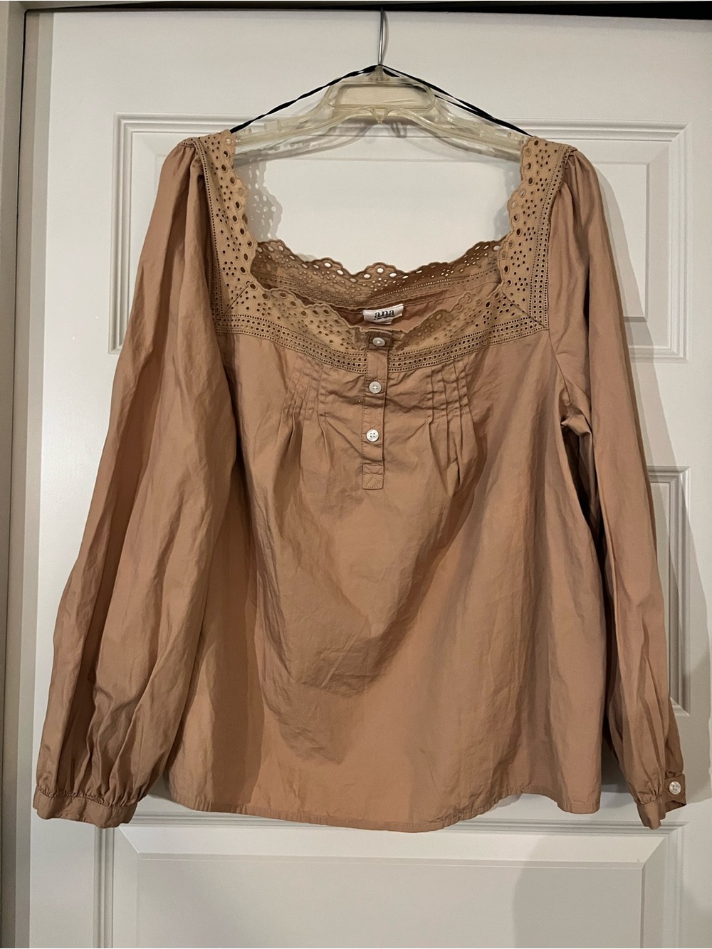a.n.a 100% Cotton Tan Eyelet Lace Scalloped Square Neck Blouse with Buttons
